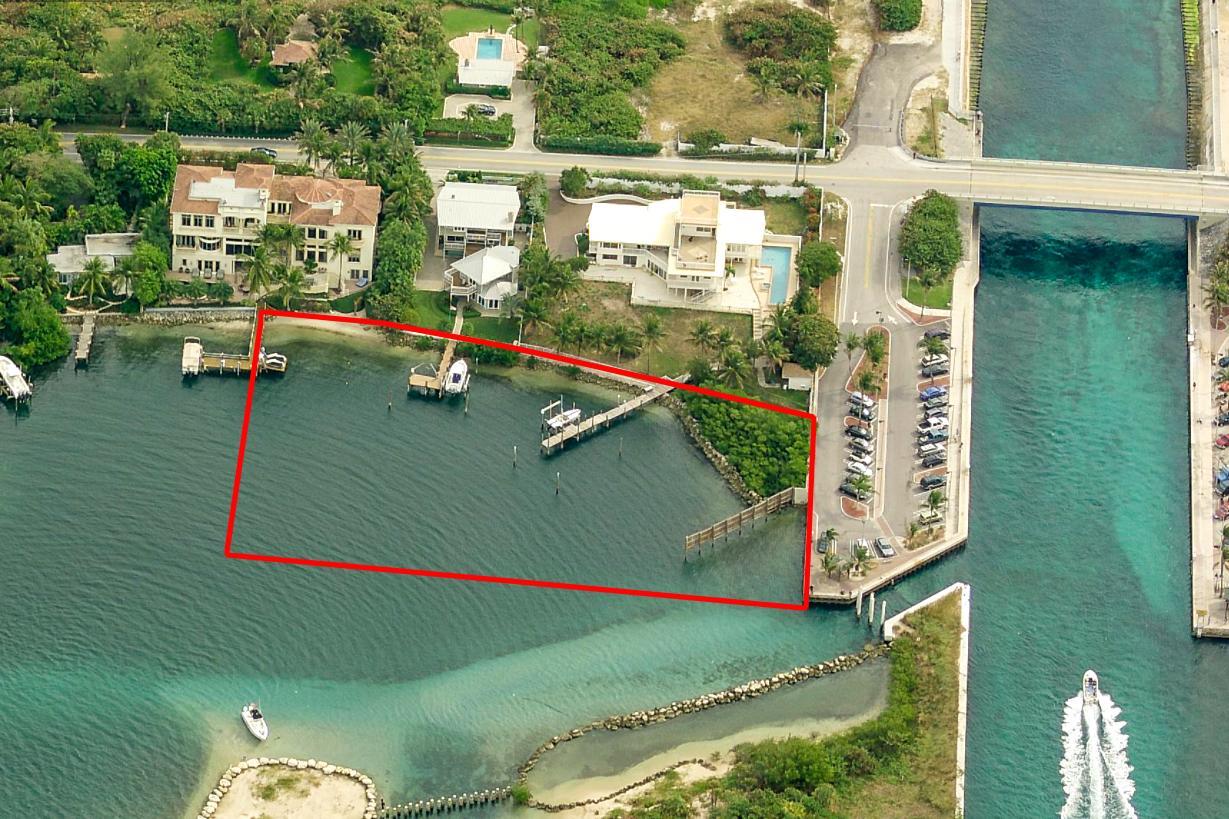 An aerial view shows a waterfront property with a private dock and a red-outlined area — 4000 S Ocean Boulevard, Manalapan FL 33462, MANALAPAN, FL