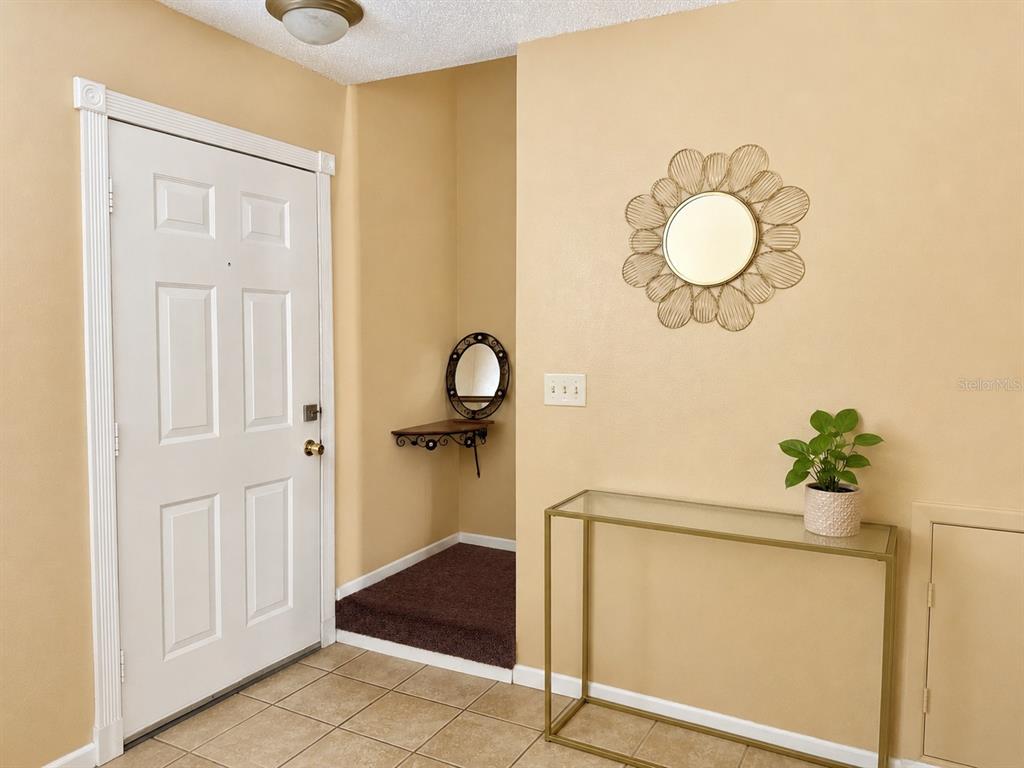 An entryway features a white door, a glass console table, and a wall-mounted mirror — 7011 WATERSIDE DR, TAMPA, FL