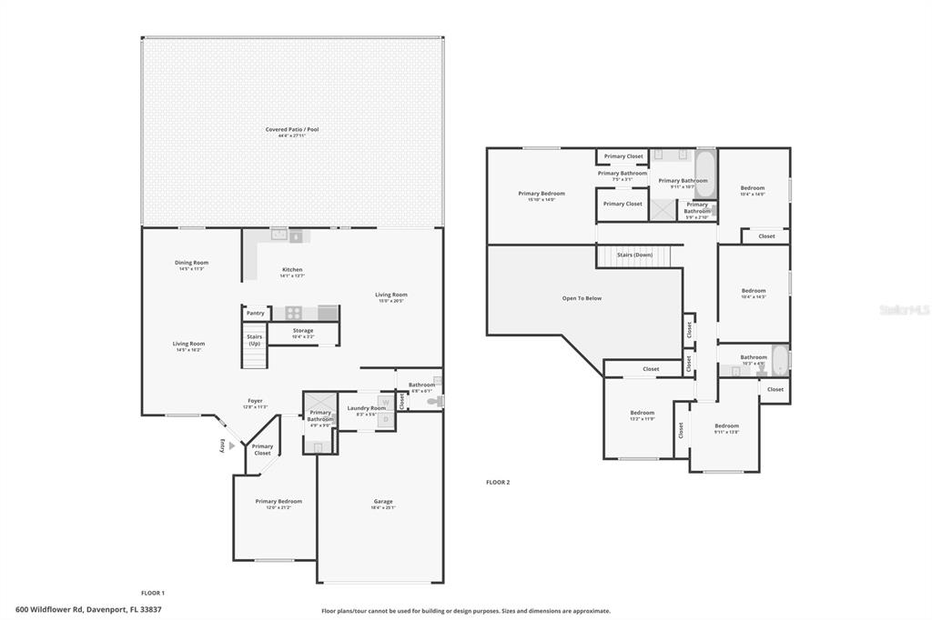 This is a two-story floor plan showing the layout of a residential home — 600 WILDFLOWER ROAD, DAVENPORT, FL