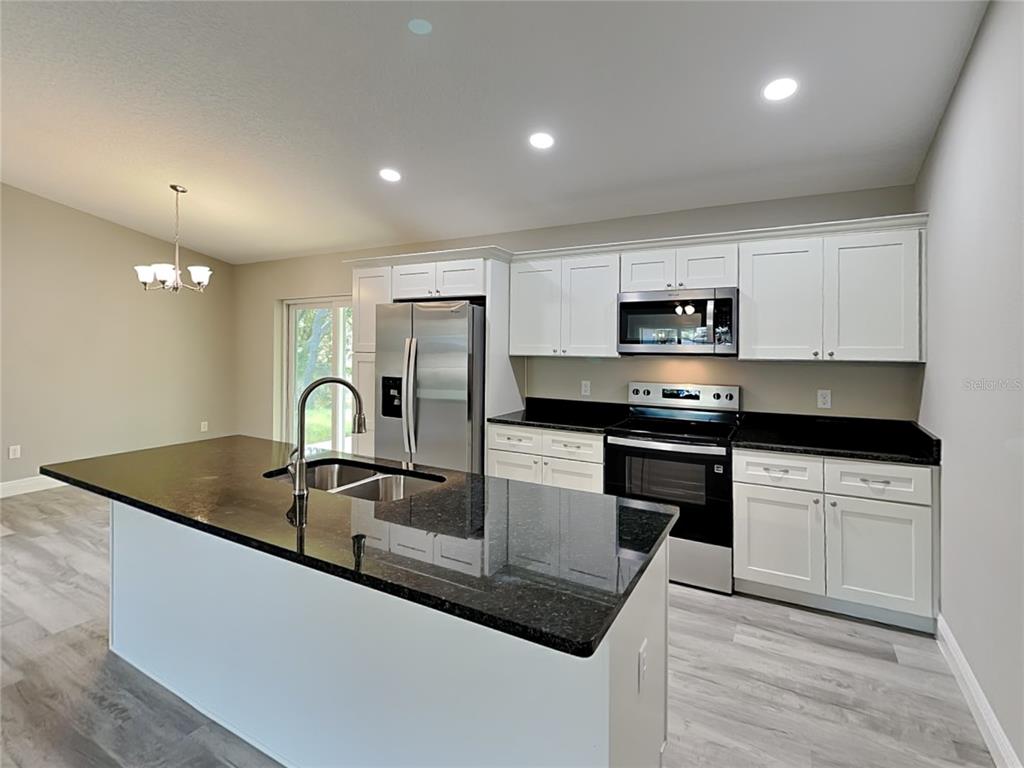 A kitchen features white cabinets, black countertops, a center island, and stainless steel appliances — 2082 W SWANSON DRIVE, CITRUS SPRINGS, FL