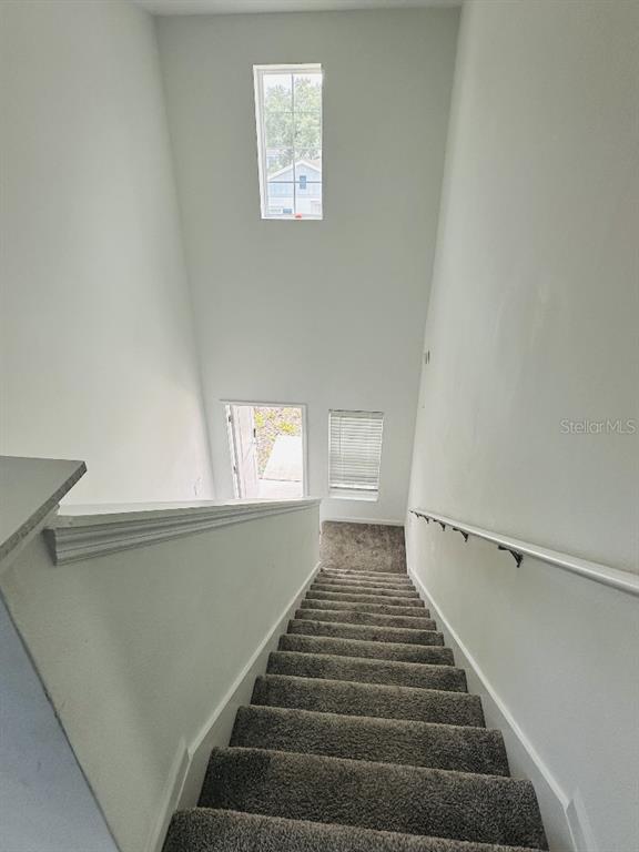 A carpeted staircase leads down toward a front entryway with a tall, narrow window above — 2847 BIG SUR ROAD, DAVENPORT, FL