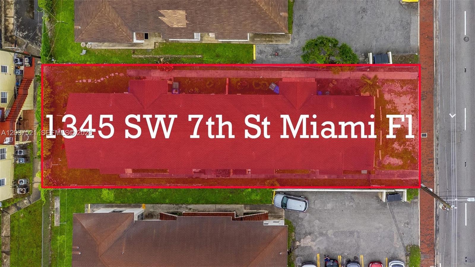 An aerial view shows a rectangular building with a red roof outlined in red — 1345 SW 7th ST, Miami FL 33135, MIAMI, FL