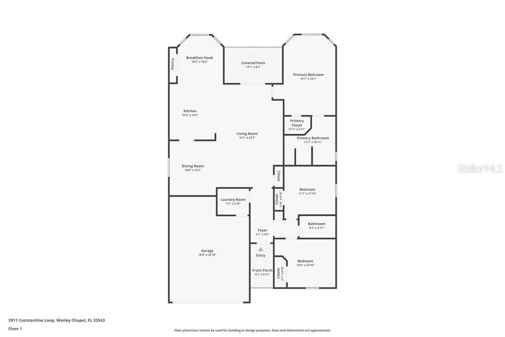 This is a floor plan of a single-story house featuring three bedrooms and a garage — 3911 CONSTANTINE LOOP, WESLEY CHAPEL, FL