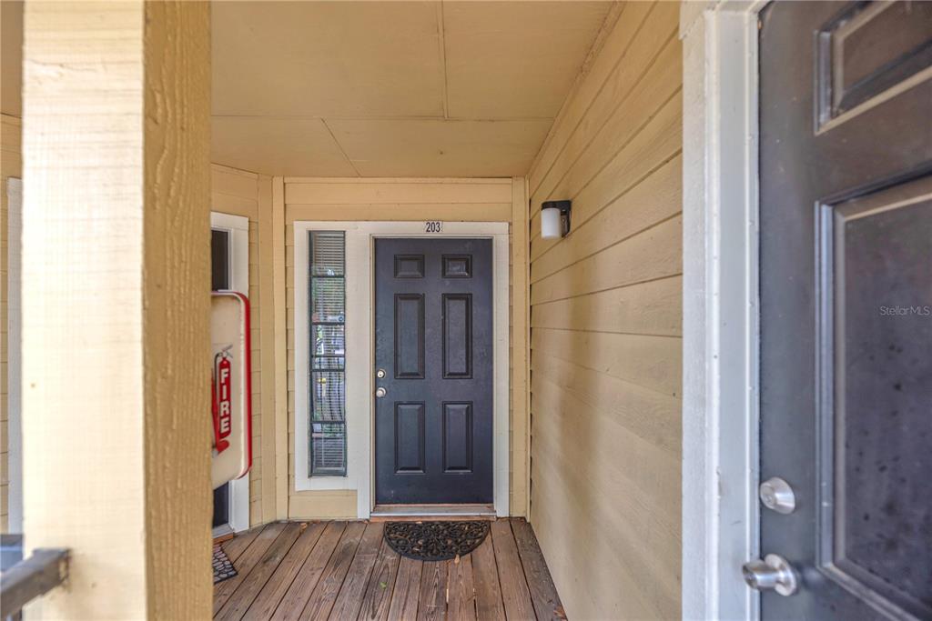 A dark front door with a number 203 sign is located on a wooden porch — 8609 MALLARD RESERVE DRIVE UNIT 203, TAMPA, FL