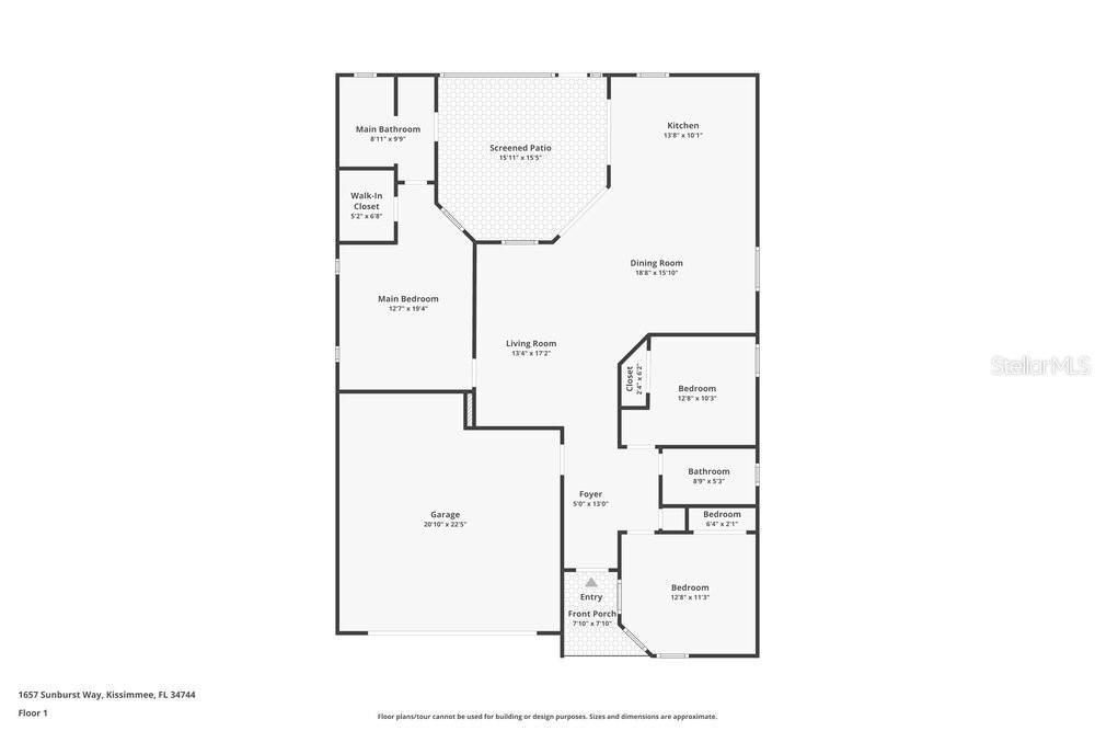 This is a floor plan showing the layout of a single-story residential home — 1657 SUNBURST WAY, KISSIMMEE, FL