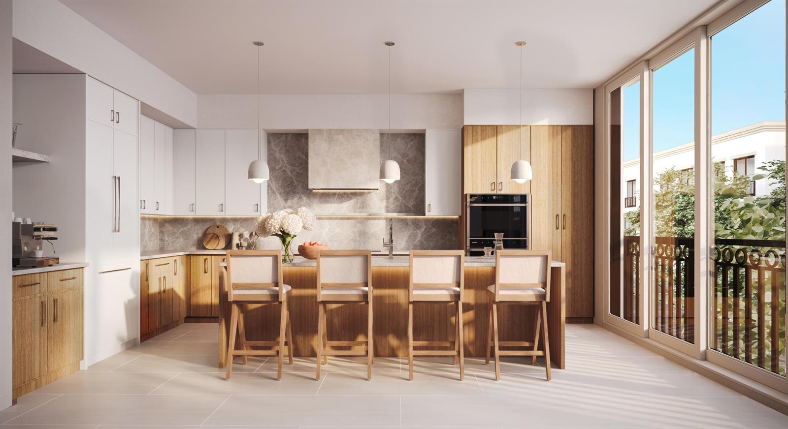 This rendering shows a modern kitchen with wood cabinetry, a marble backsplash, and a breakfast island — 10251 S Ocean Drive # H2, Jensen Beach FL 34957, JENSEN BEACH, FL