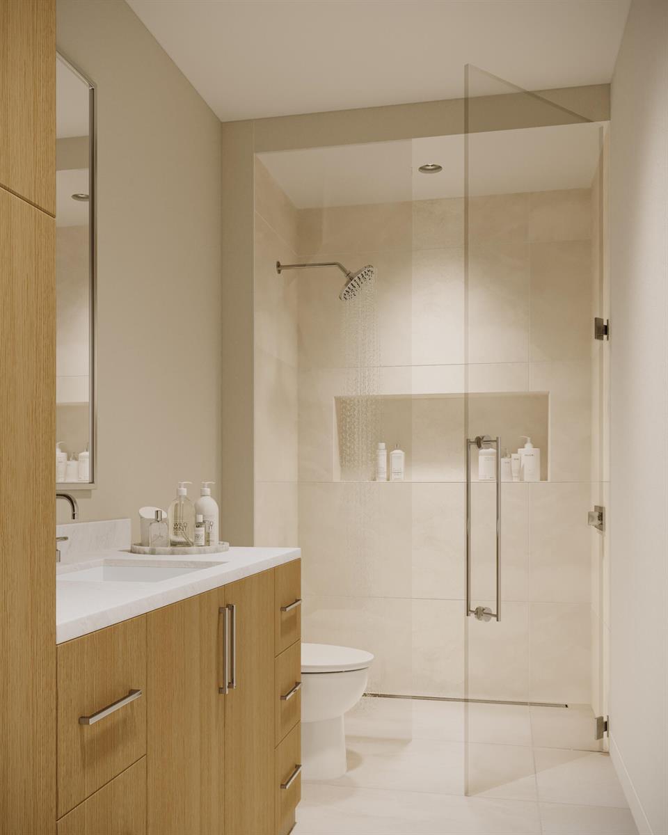 This rendering shows a modern bathroom with a wood vanity, glass shower, and neutral tiles — 10251 S Ocean Drive # H2, Jensen Beach FL 34957, JENSEN BEACH, FL