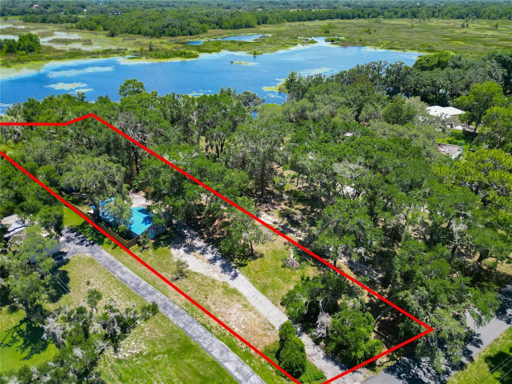 An aerial view shows a wooded residential lot with a house near a large lake — 8781 S LAKESHORE DRIVE, FLORAL CITY, FL
