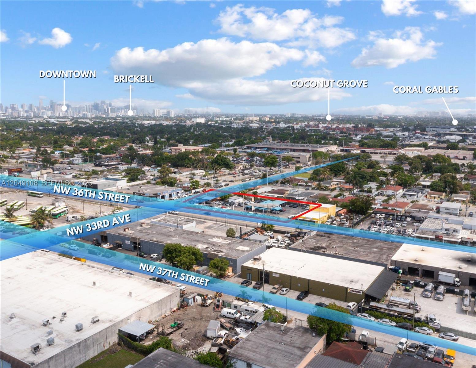 An aerial view shows a commercial property outlined in red near major city streets — MIAMI, FL