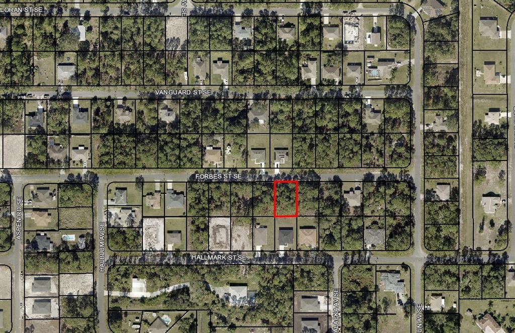 This is an aerial map showing a vacant residential lot highlighted in red — 436 FORBES STREET SE, PALM BAY, FL