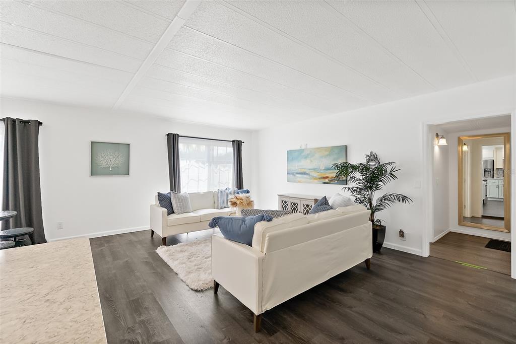 A living room features white walls, dark wood-look flooring, two white sofas, and a large mirror — 5660 WOOD STREET, PORT ORANGE, FL