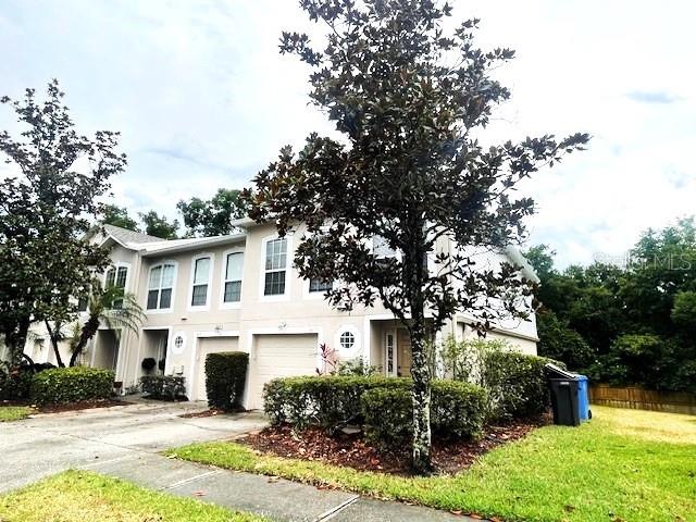A two-story townhouse with light-colored siding, a garage, and a large tree in front — 4617 ASHBURN SQUARE DRIVE, TAMPA, FL