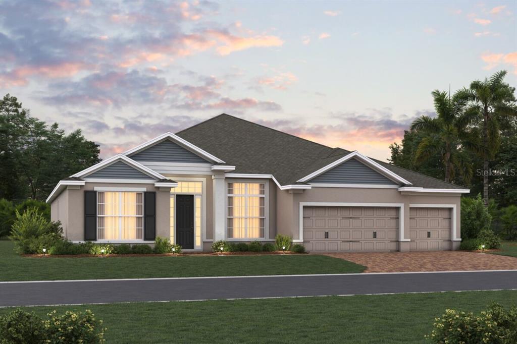 A digital rendering of a single-story suburban house with a three-car garage — 2628 RAVENCLIFFE, OVIEDO, FL