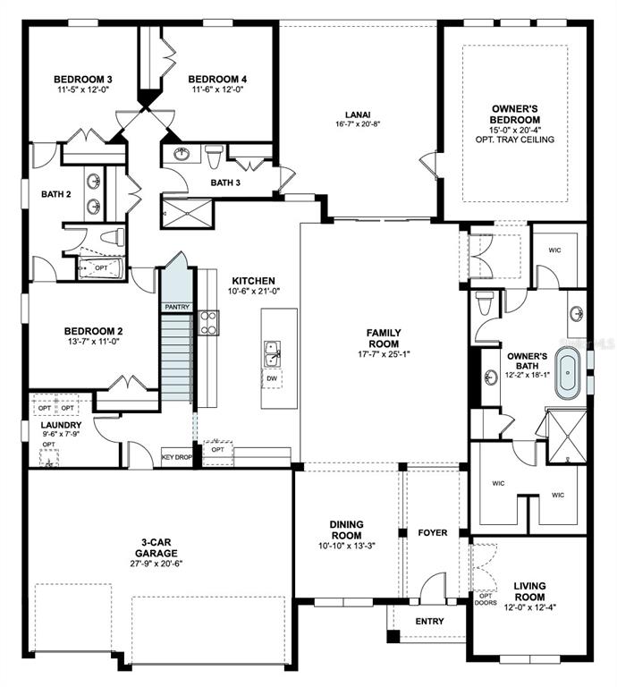 This is a floor plan for a single-story house featuring four bedrooms and a garage — 2628 RAVENCLIFFE, OVIEDO, FL