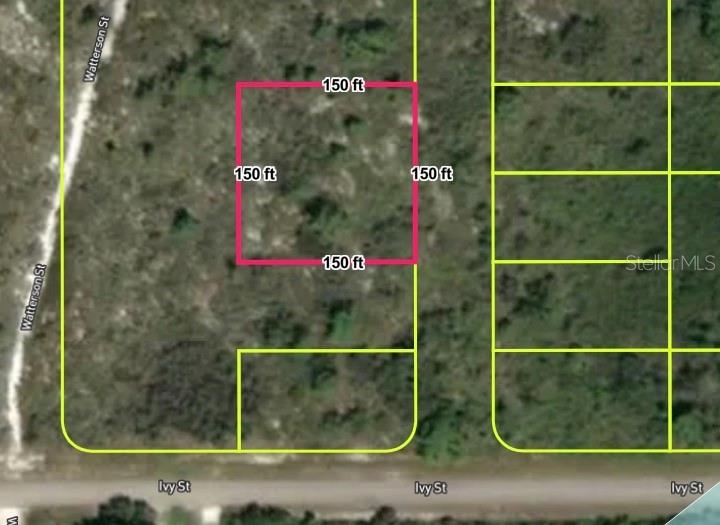 This is a satellite map showing a square plot of land measuring 150 by 150 feet — 678 BOURBON STREET, LAKE PLACID, FL