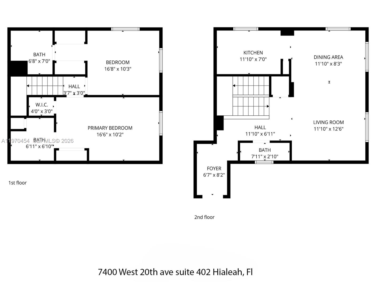 This is a two-story floor plan showing the layout of bedrooms, bathrooms, and living areas — 7400 W 20th Ave # 402, Hialeah FL 33016, HIALEAH, FL