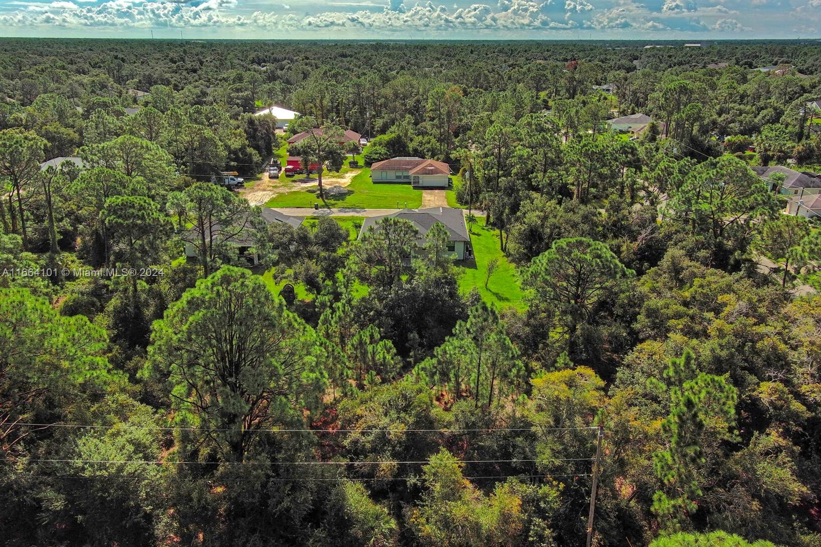 An aerial view shows houses surrounded by dense trees and green lawns under a cloudy sky — #1 Ginsa Ter, North Port FL 34291, NORTH PORT, FL