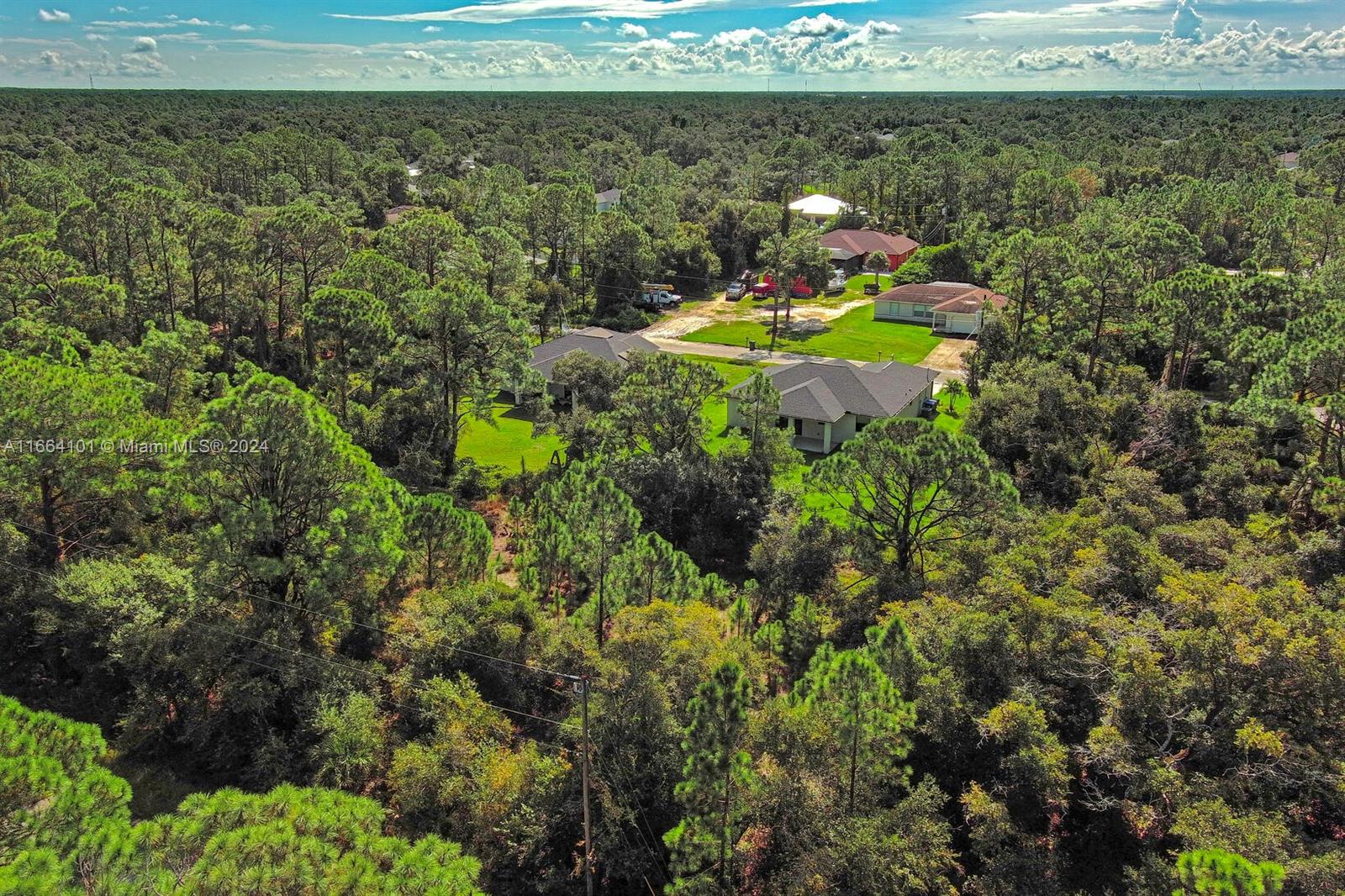An aerial view shows several houses nestled within a dense, wooded residential area — #1 Ginsa Ter, North Port FL 34291, NORTH PORT, FL