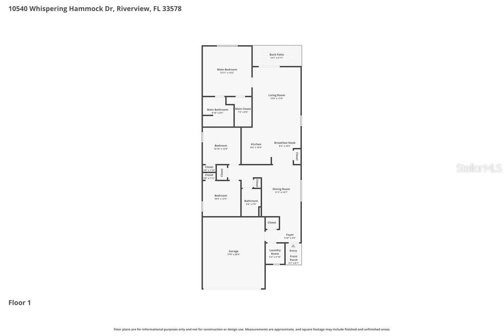 This is a floor plan for a single-story residential home with a garage — 10540 WHISPERING HAMMOCK DRIVE, RIVERVIEW, FL