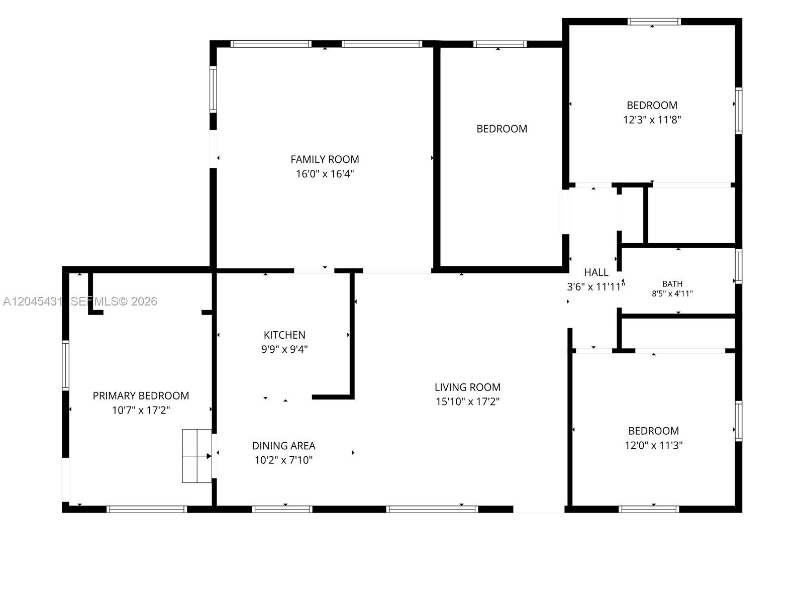 This is a floor plan showing the layout of a house with four bedrooms and one bathroom — 5901 SW 62nd St, Miami FL 33143, MIAMI, FL