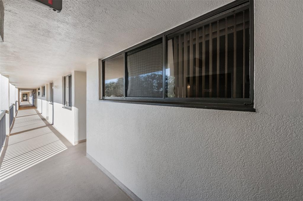 An outdoor apartment walkway with white walls and dark-framed windows under a covered ceiling — 11590 SHIPWATCH DRIVE UNIT 347, LARGO, FL