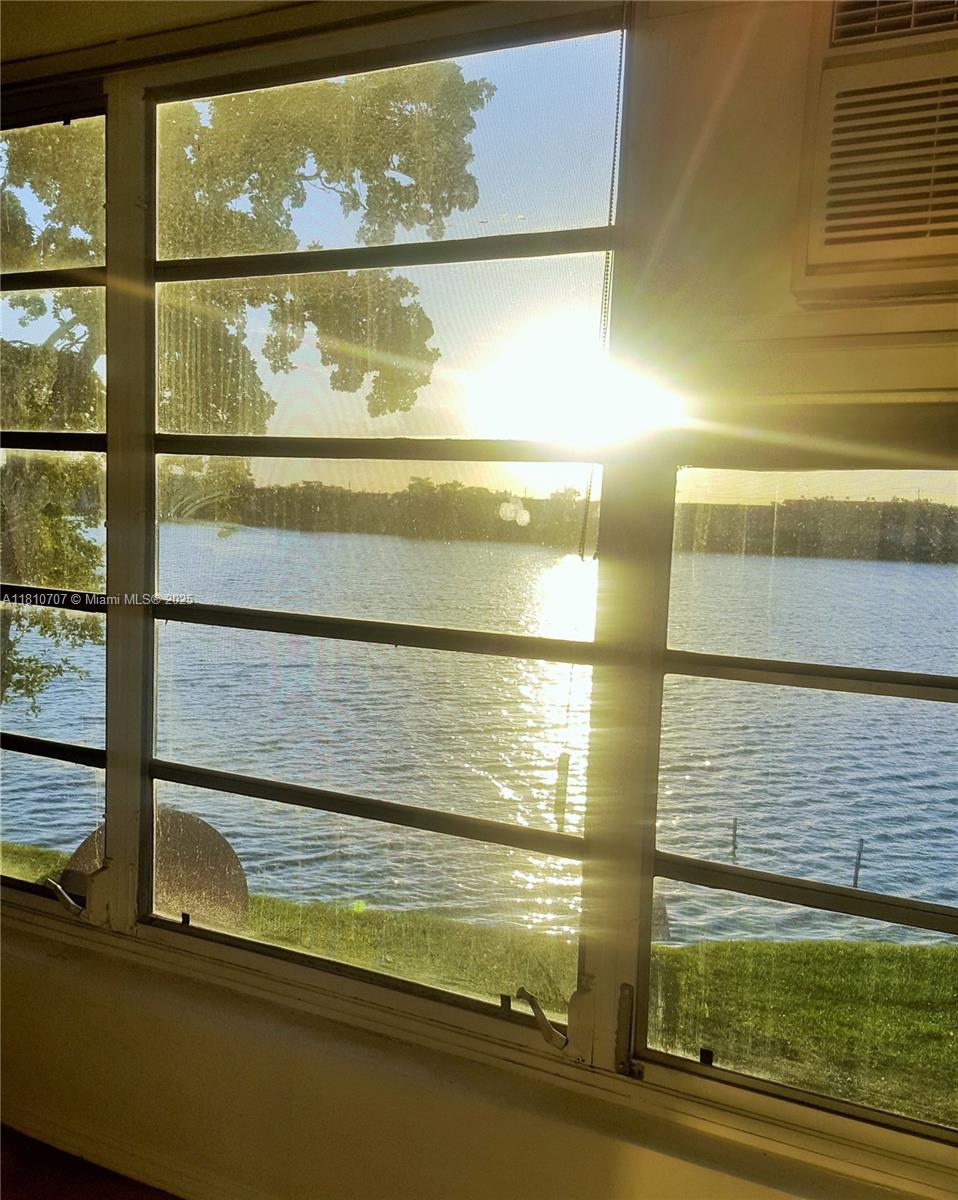 A view of a lake through a window with a screen and an air conditioner — 19080 NE 3rd Ct # 318, Miami FL 33179, MIAMI, FL