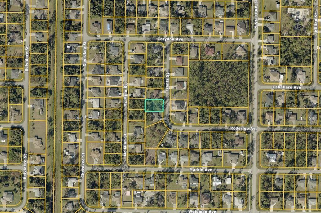This is an aerial map showing a highlighted residential lot in a suburban neighborhood — Lot #10 FRANTZ STREET, NORTH PORT, FL