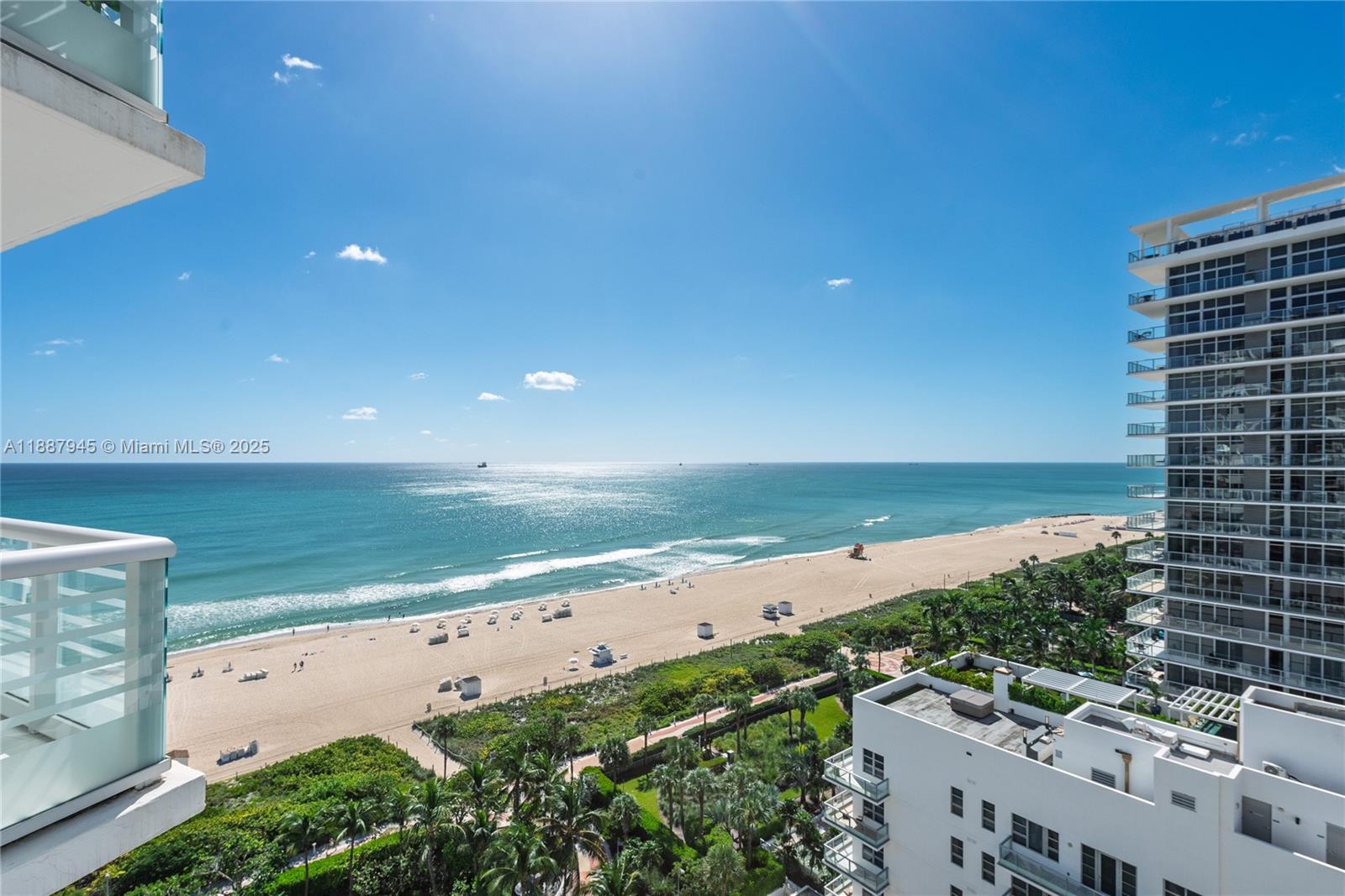 An elevated view shows a sandy beach and ocean from a high-rise balcony — 3801 Collins Ave # 1502, Miami Beach FL 33140, MIAMI BEACH, FL
