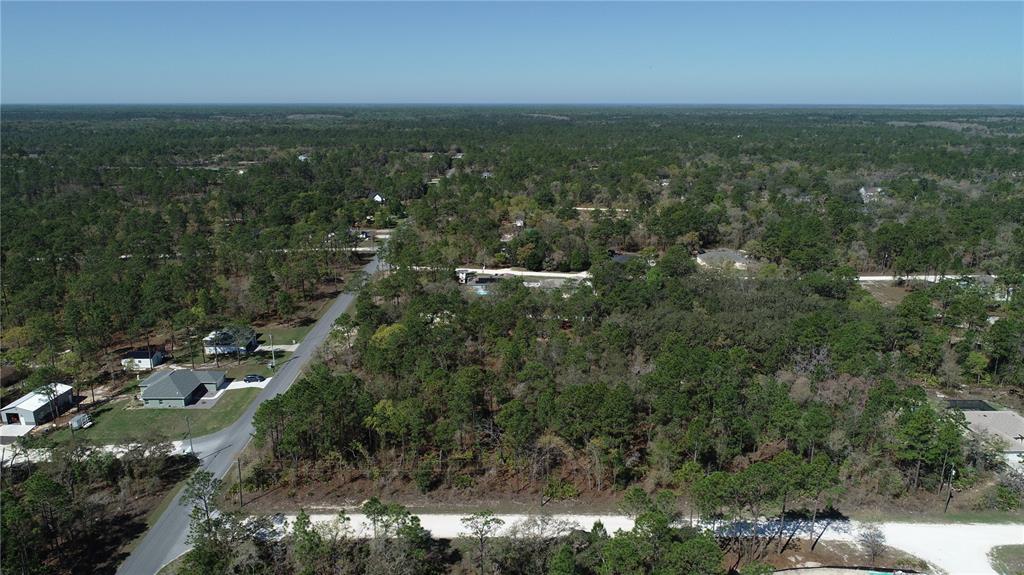 An aerial view shows a residential neighborhood surrounded by dense forest and paved roads — WOOD OWL AVE AND MALIBAR RD, WEEKI WACHEE, FL