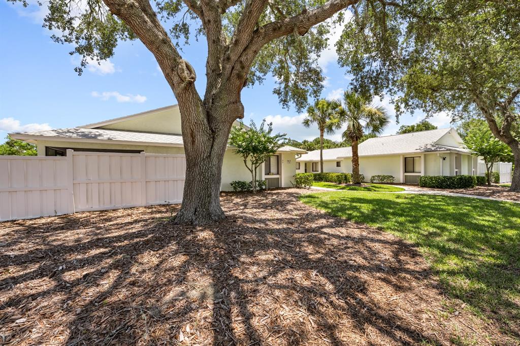 A large tree stands in front of a light-colored building with a white privacy fence — 39 LAKE FOREST PLACE, PALM COAST, FL