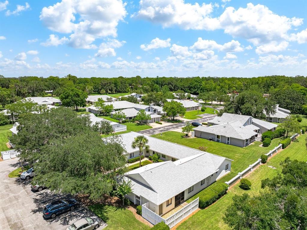 An aerial view shows several single-story residential buildings with gray roofs surrounded by green lawns — 39 LAKE FOREST PLACE, PALM COAST, FL