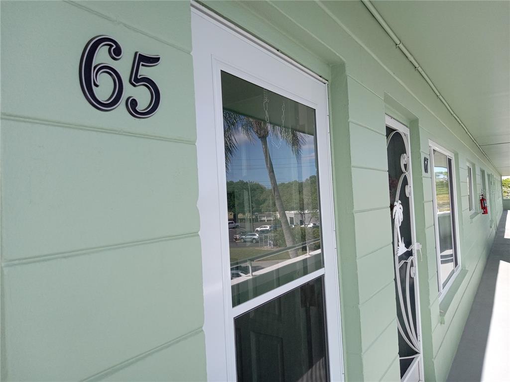 A view of a light green exterior hallway with several apartment doors and windows — 2359 FINLANDIA LANE UNIT 65, CLEARWATER, FL