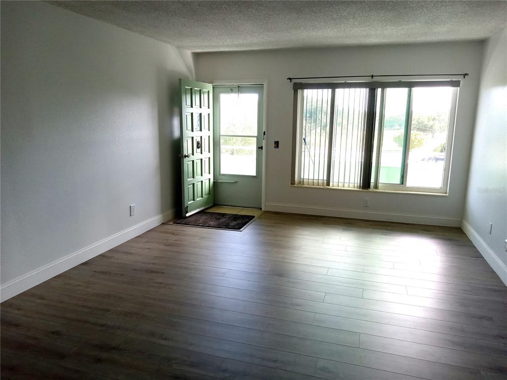 An empty living room features light wood-look flooring, white walls, and a green front door — 2359 FINLANDIA LANE UNIT 65, CLEARWATER, FL