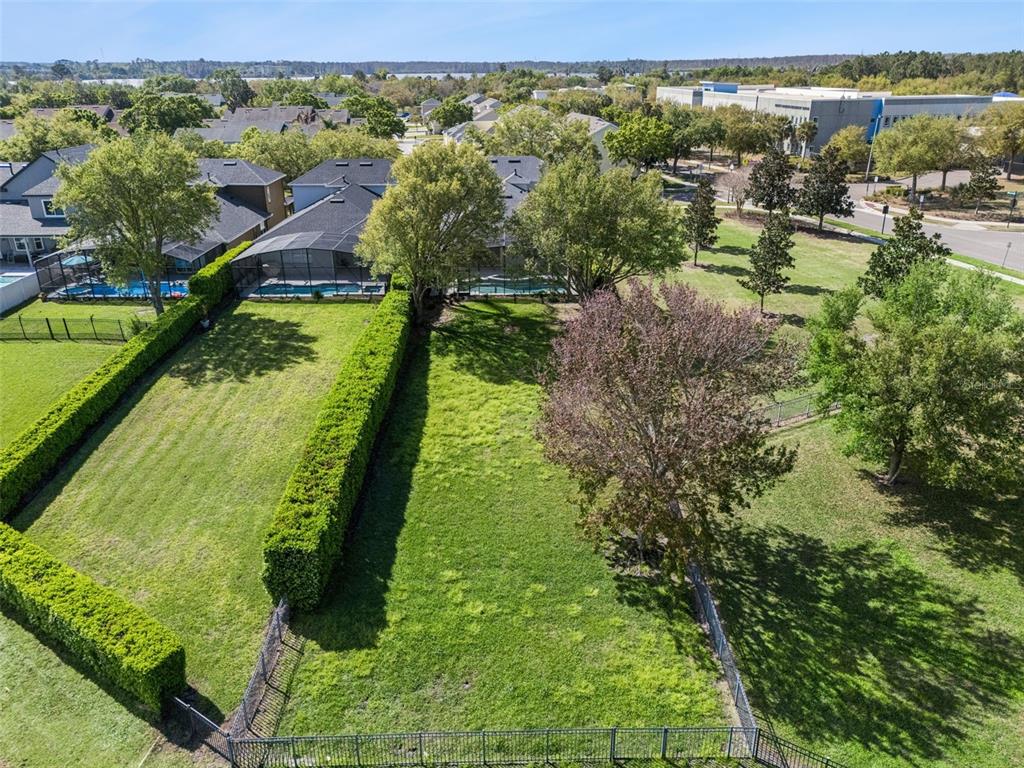 An aerial view shows two adjacent residential backyards with swimming pools and tall privacy hedges — 14255 SONCO AVENUE, WINDERMERE, FL