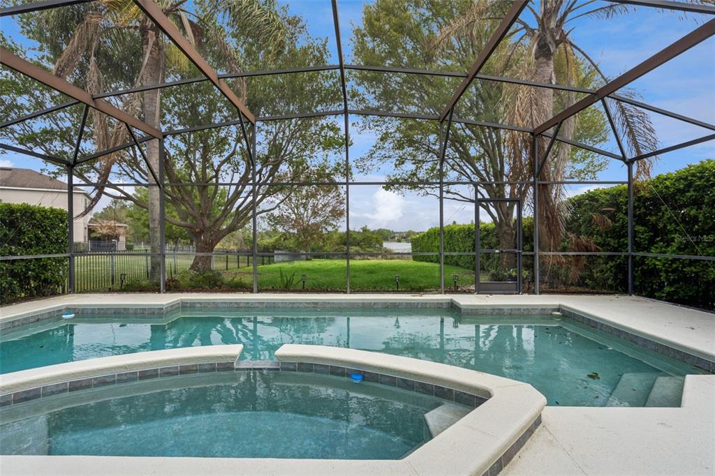 A screened-in swimming pool and spa overlook a grassy backyard with trees and a lake — 14255 SONCO AVENUE, WINDERMERE, FL
