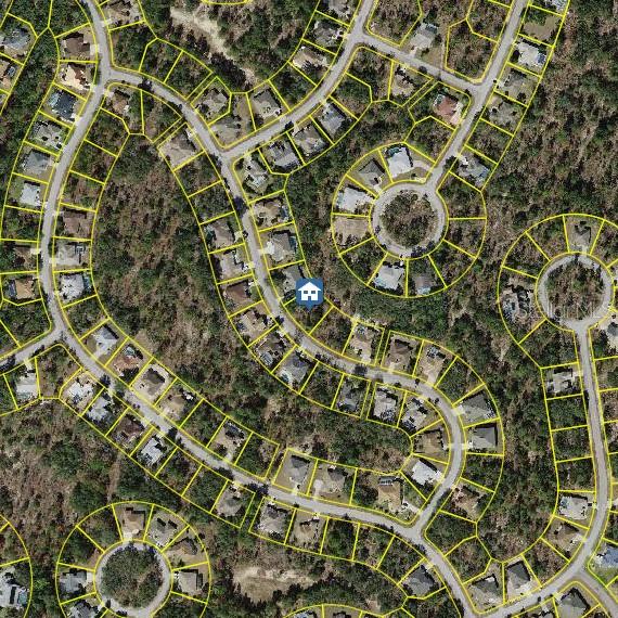 This is an aerial map showing a residential neighborhood with houses on curved streets — 19 BALSAM STREET, HOMOSASSA, FL