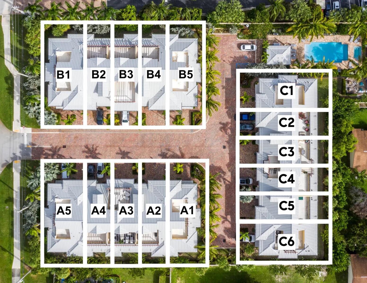 An aerial view shows a residential complex with three rows of townhomes and a pool — 3770 County Line Road, Tequesta FL 33469, TEQUESTA, FL