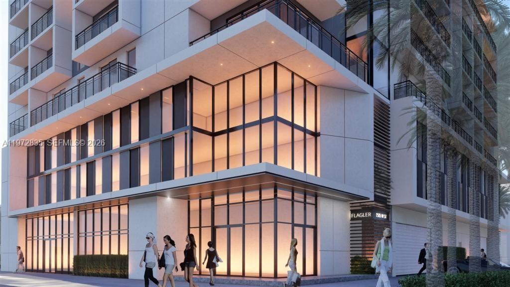 This architectural rendering shows the exterior of a modern multi-story building with glass-walled ground levels — 1505 W Flagler St, Miami FL 33135, MIAMI, FL