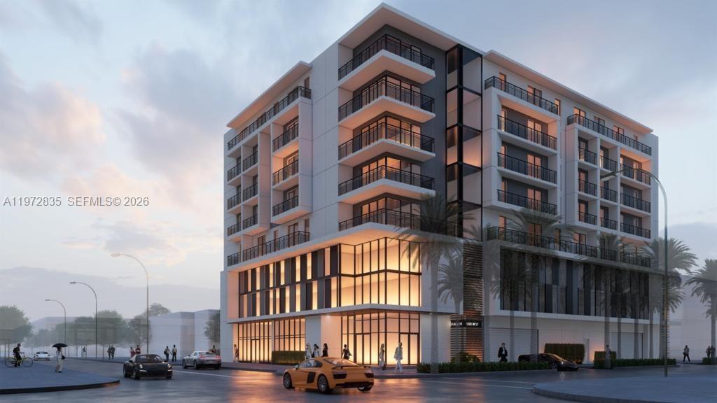 This is a digital architectural rendering of a modern multi-story apartment building with balconies — 1505 W Flagler St, Miami FL 33135, MIAMI, FL