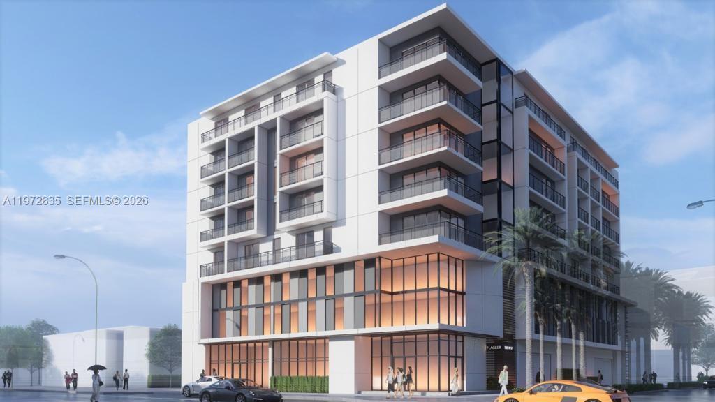 This is a digital architectural rendering of a modern multi-story residential building with glass balconies — 1505 W Flagler St, Miami FL 33135, MIAMI, FL