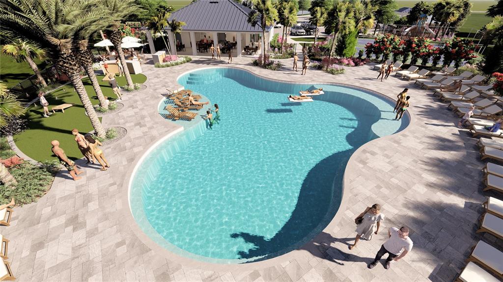 This is a rendering of an outdoor swimming pool area with lounge chairs and palm trees — 103 TEQUESTA COURT, PALM COAST, FL