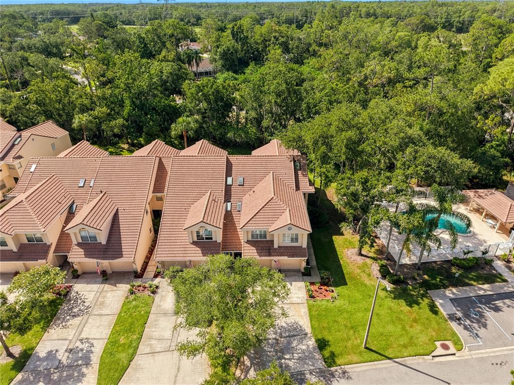 An aerial view shows a multi-unit townhouse complex with a swimming pool and wooded surroundings — 215 CLAYS TRAIL, OLDSMAR, FL