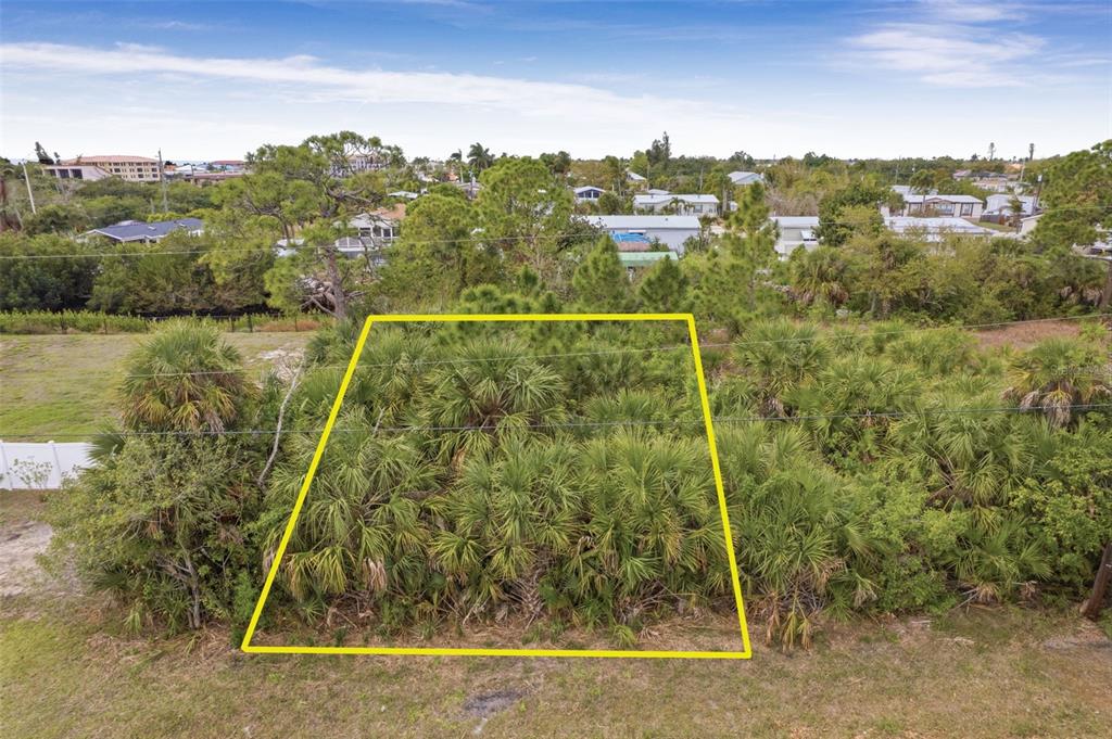 An aerial view shows a rectangular, undeveloped lot covered in dense palm trees and vegetation — 3111 BANYAN WAY, PUNTA GORDA, FL