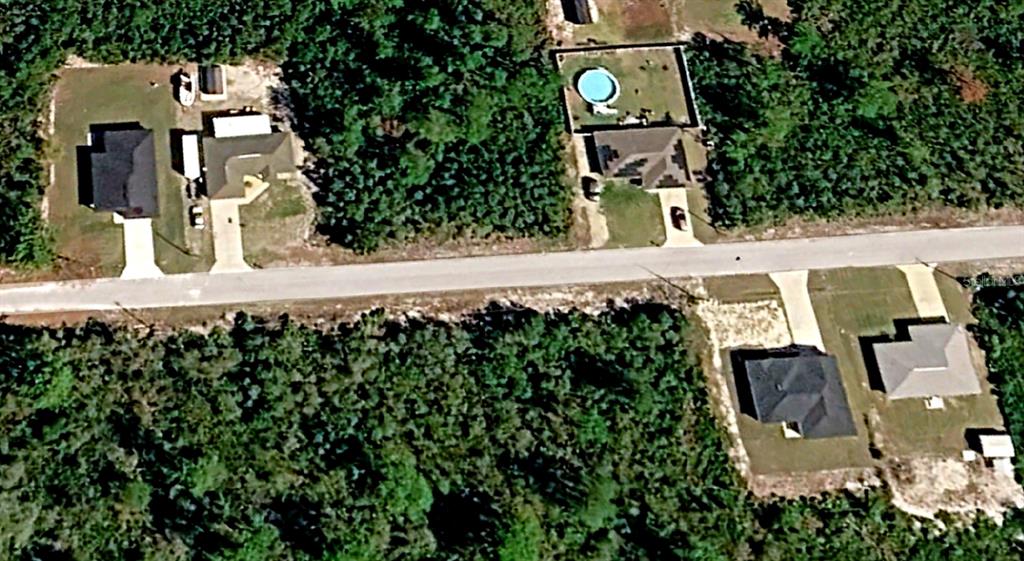 An aerial view shows four houses with driveways situated along a road surrounded by dense woods — FISHER LOOP PASS, OCKLAWAHA, FL