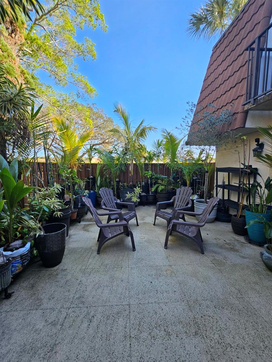 A concrete patio features four brown chairs surrounded by numerous potted plants and trees — 209 Charter Way, West Palm Beach FL 33407, WEST PALM BEACH, FL
