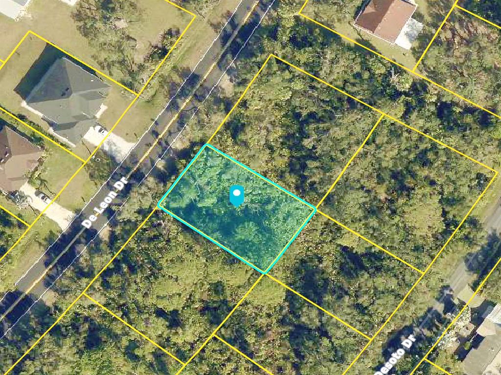 This aerial map shows a highlighted rectangular vacant lot situated between two residential streets — DE LEON DRIVE, NORTH PORT, FL