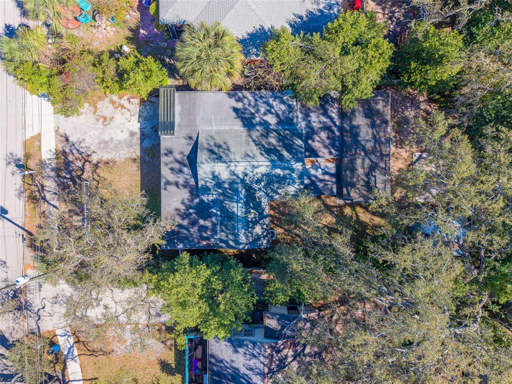 An aerial view shows the roof of a house surrounded by trees and a driveway — 1579 S WASHINGTON AVENUE, CLEARWATER, FL