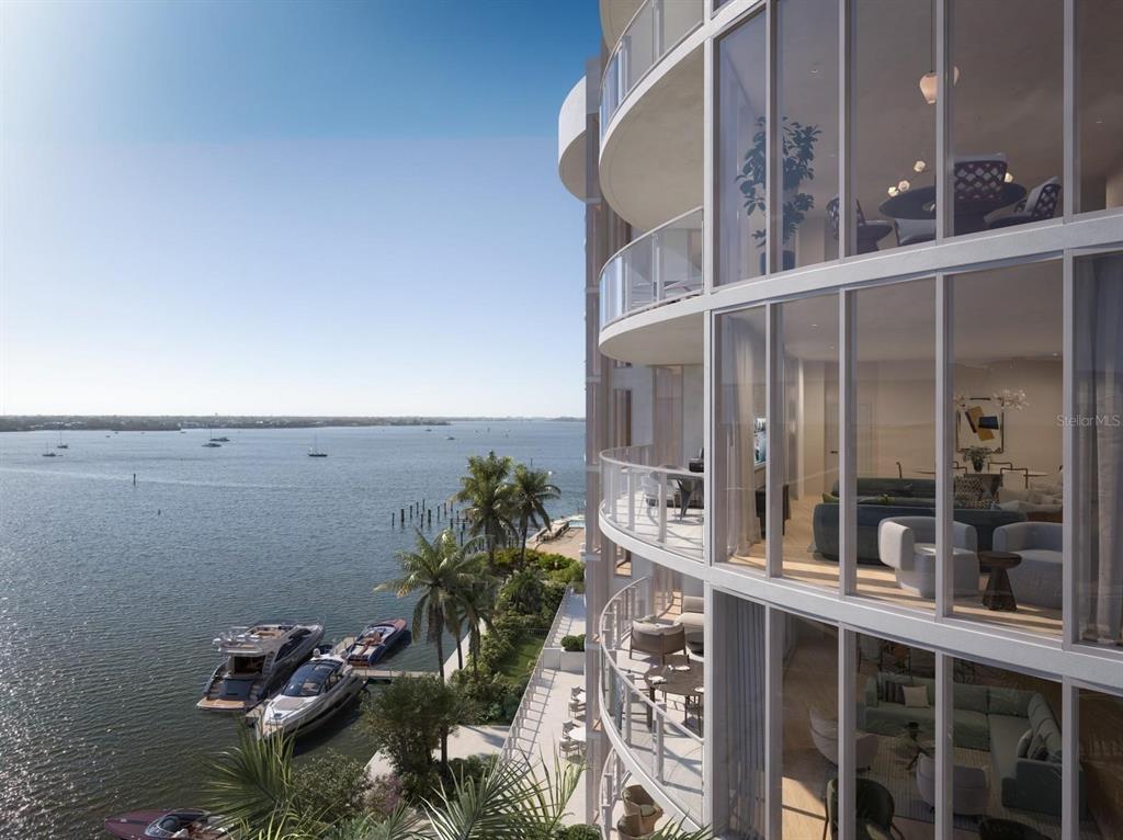 This architectural rendering shows a multi-story building with glass balconies overlooking a waterfront marina — 550 GOLDEN GATE POINT UNIT 503, SARASOTA, FL