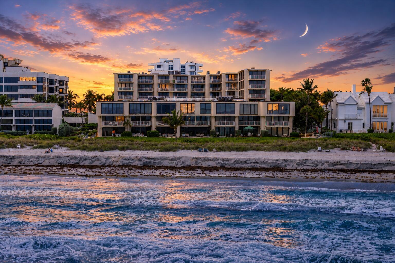 A multi-story beachfront condominium building stands behind a sandy beach at sunset with a crescent moon — 2155 S Ocean Boulevard # 7, Delray Beach FL 33483, DELRAY BEACH, FL