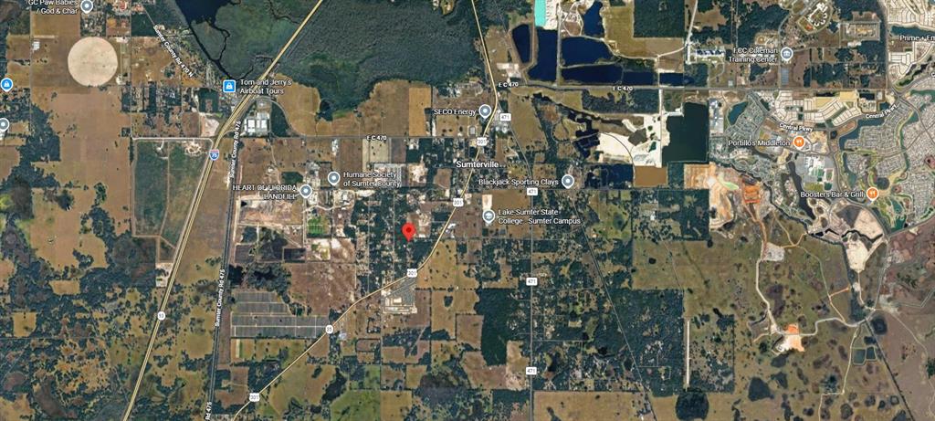 This is an aerial map view of a rural area in Sumterville, Florida — 00 SE 34TH WAY, SUMTERVILLE, FL